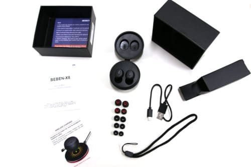 beben X8 true wireless sport earbuds box and accessories