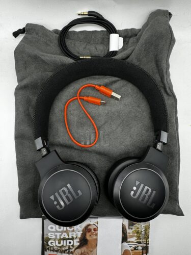 JBL Live 670NC with included cables, carrying pouch, and quick start guide