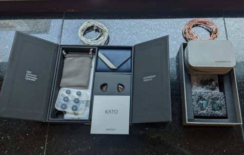 Moondrop, Kato and Blessing 2 IEMs, headphone cable, carrying case, pouch, box, silicone eartips