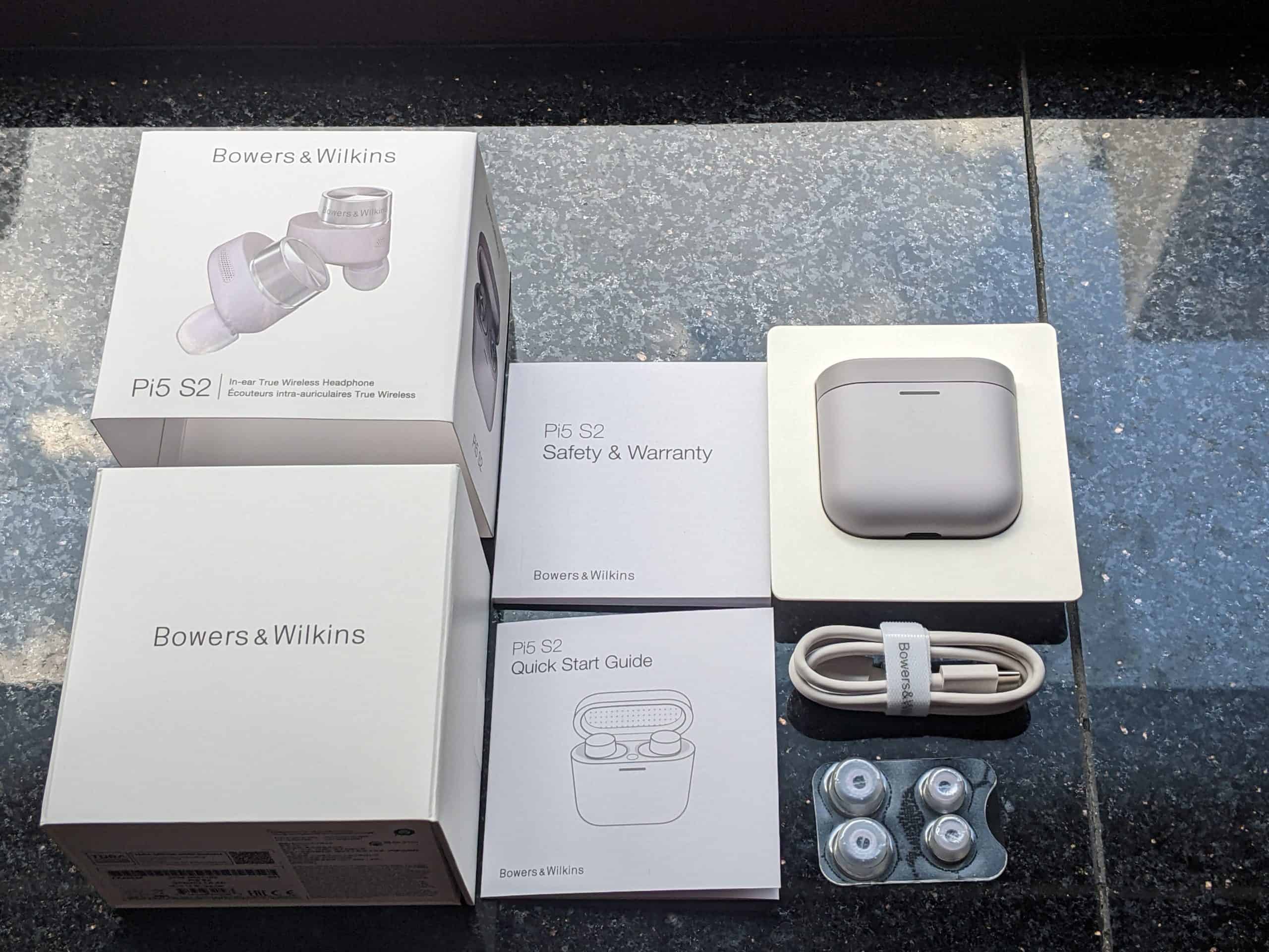 Bowers and Wilkins wireless buds, ear tips, charging case, USBC charging cable, manual, safety guide
