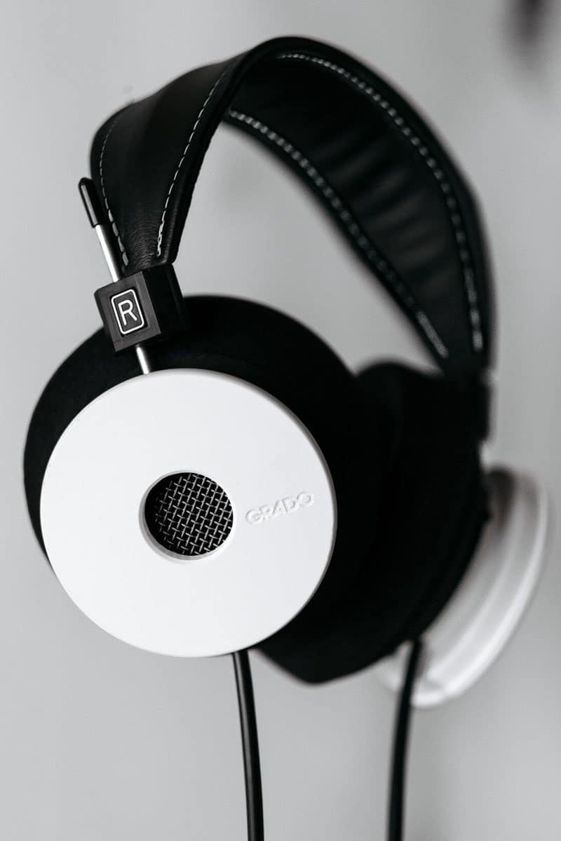 closeup of Grado White Headphone from the side showing leather detail