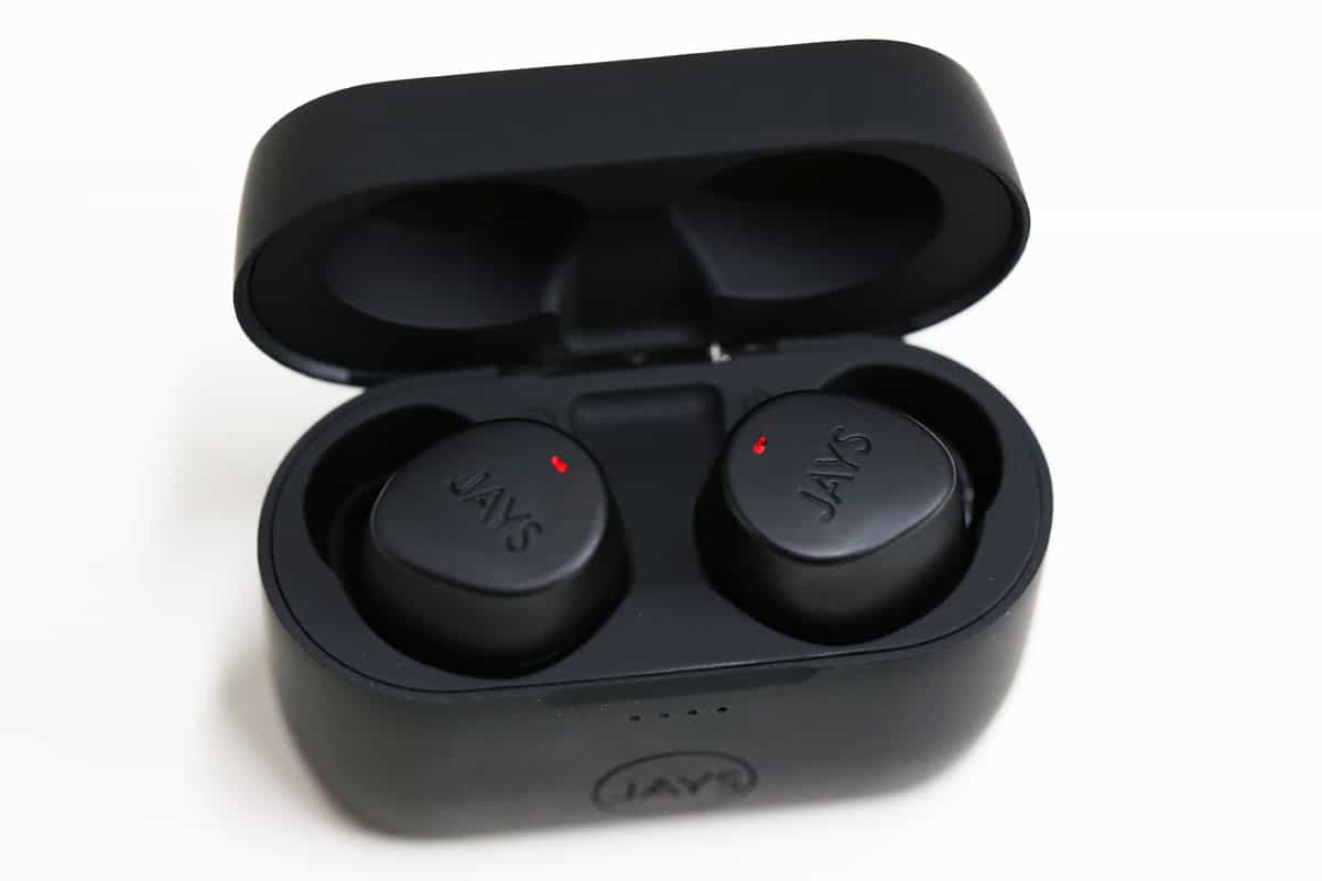 Jays m-Seven True Wireless Review earpieces in charging case