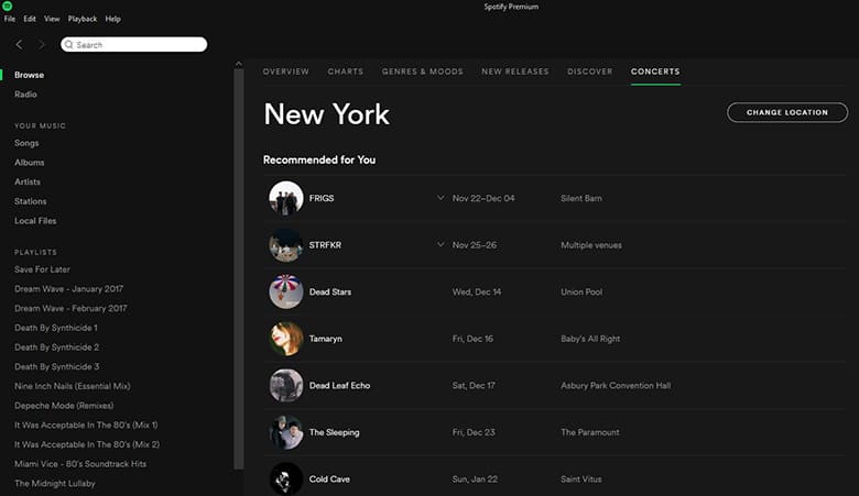 Find live shows near you in the Spotify app. Courtesy of Songkick.