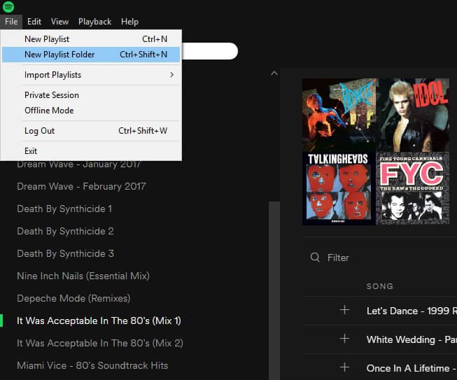 Create a Spotify playlist from the "File" menu.